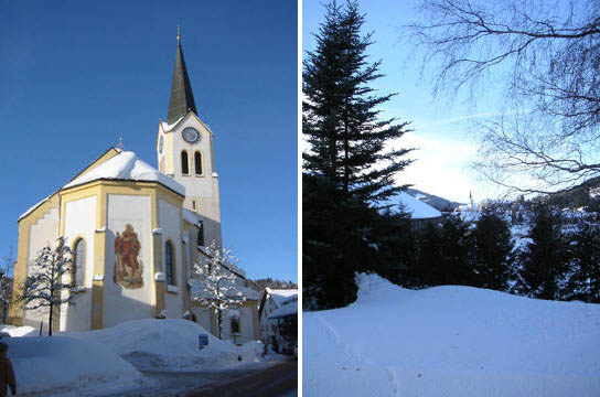 Die Heilig-Geist-Kirche in Oberstaufen. Winteridylle im Oberallgäu.