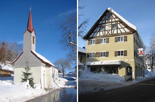 Kapelle bei Oberstaufen. Die Probstei-Apotheke in Oberstaufen.